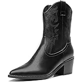 DREAM PAIRS Women's Cowboy Boots, Pointed Toe Chunky Heel, Zipper Pull-On Stitched Western Ankle Boots