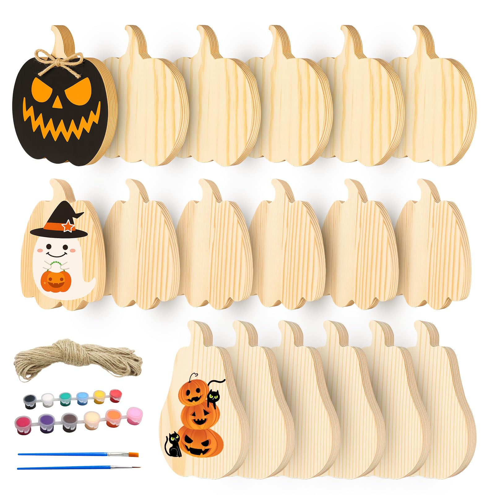 Photo 1 of 18 Pcs Fall Wooden Pumpkin Cutouts Unfinished Shaped Table Signs Thicken Thanksgiving Blank Wooden Pumpkin Blocks with Raffia for Thanksgiving, Halloween, Tiered Trays, Home Decor, DIY Crafts