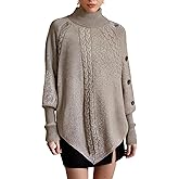 MakeMeChic Women's Poncho Sweater Asymmetrical Turtleneck Knit Pullover Sweater Button Oversized Long Sleeve Poncho