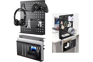 MILEGI Clamp-on Desk Pegboard Desk Side Storage, 2 in 1 Magnetic Metal Peg Board Hanging Desk Organizer with 12 Hooks, Privacy Panel for Office Gaming Desk, Laptop Holder Desk Accessories Black