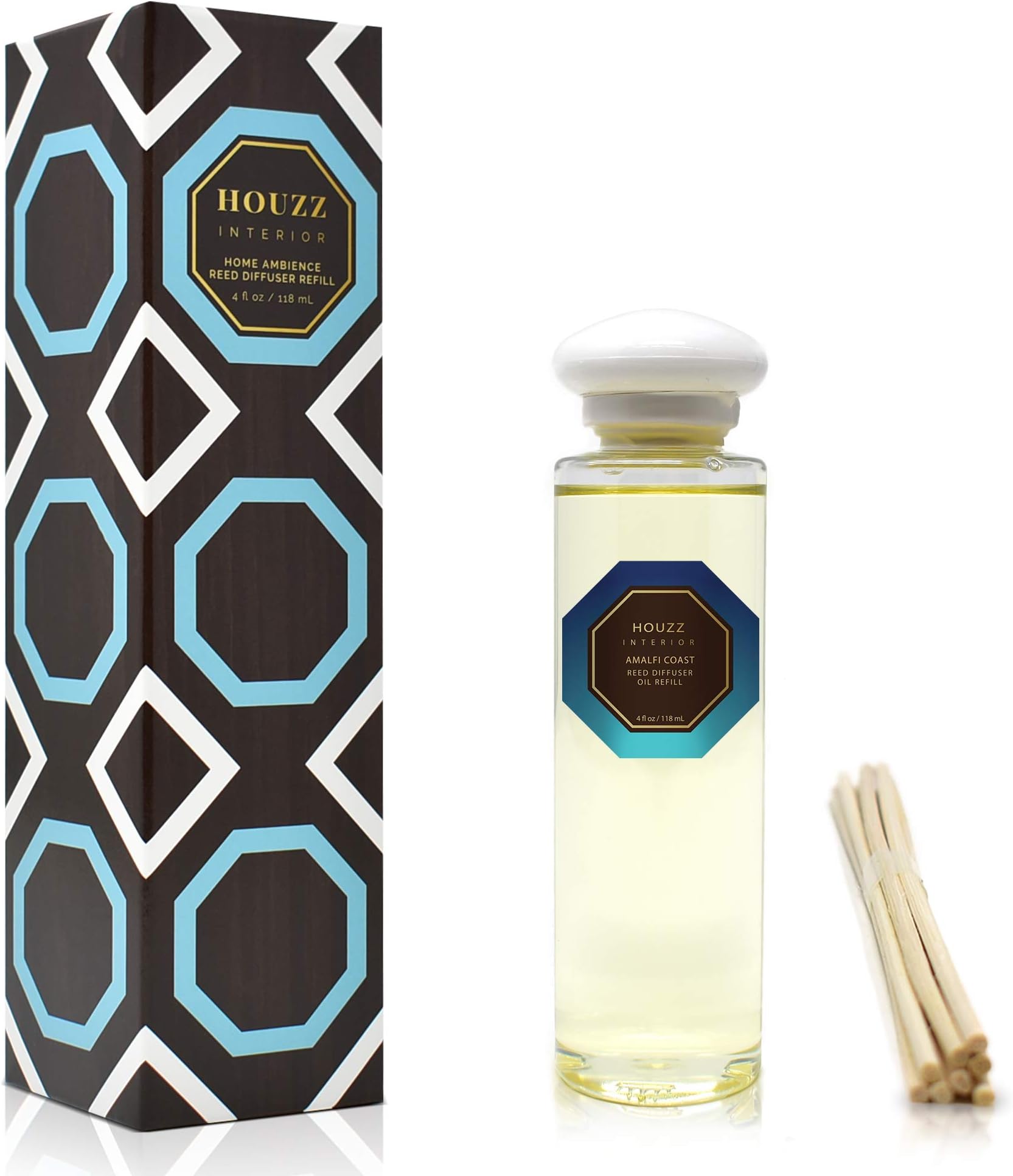 HOUZZ Interior Reed Diffuser Refill Oil Amalfi Coast Room Scent with Reed Sticks! Fresh Citrus, Mint, Thyme & Wildflowers – Natural Essential Oils – No Sulfates or Parabens – Convenient & Easy to Use