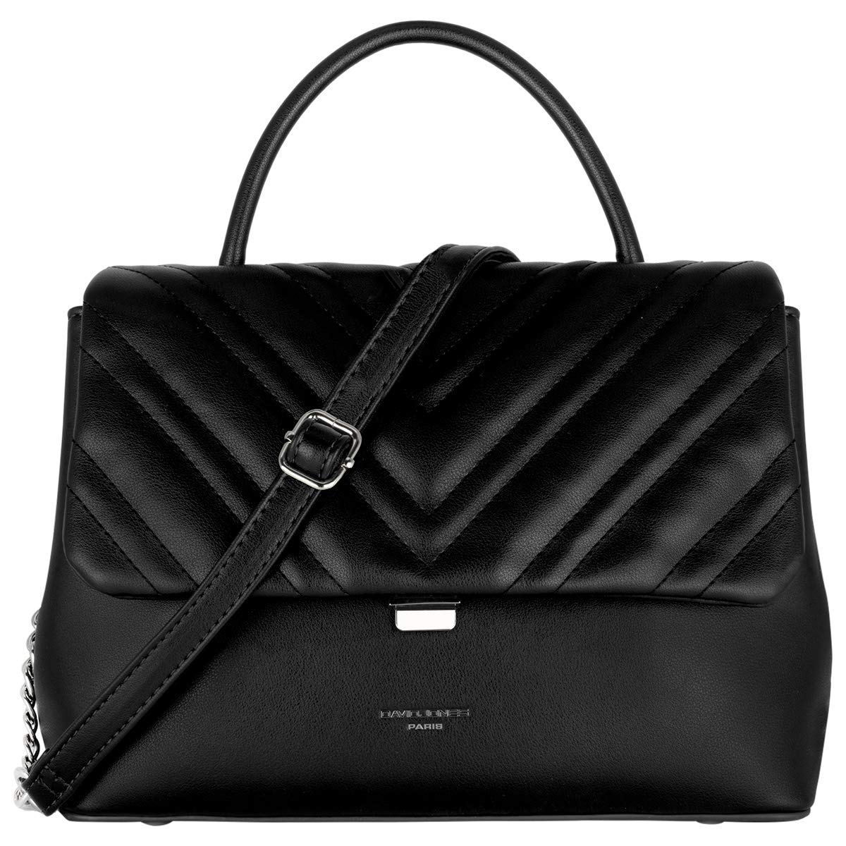 David Jones - Women's Crossbody Bag Quilted Flap - Elegant Satchel PU Leather - Chain Shoulder Messenger Bags - Top-Handle Handbag Medium Size - Ladies Fashion Clutch Chevron V Trendy - Black