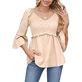 Womens Ruffle 3/4 Sleeve Babydoll Tops V Neck Peplum Blouse Smocked Loose Fit Tunic Top Bell Sleeve Dressy Tee Shirts