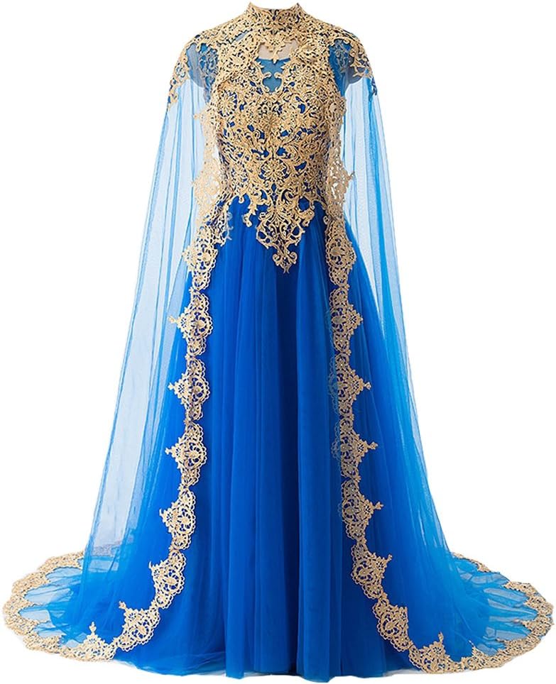 KivaryGold Lace Vintage Long Prom Evening Dresses Wedding Gowns with Cape