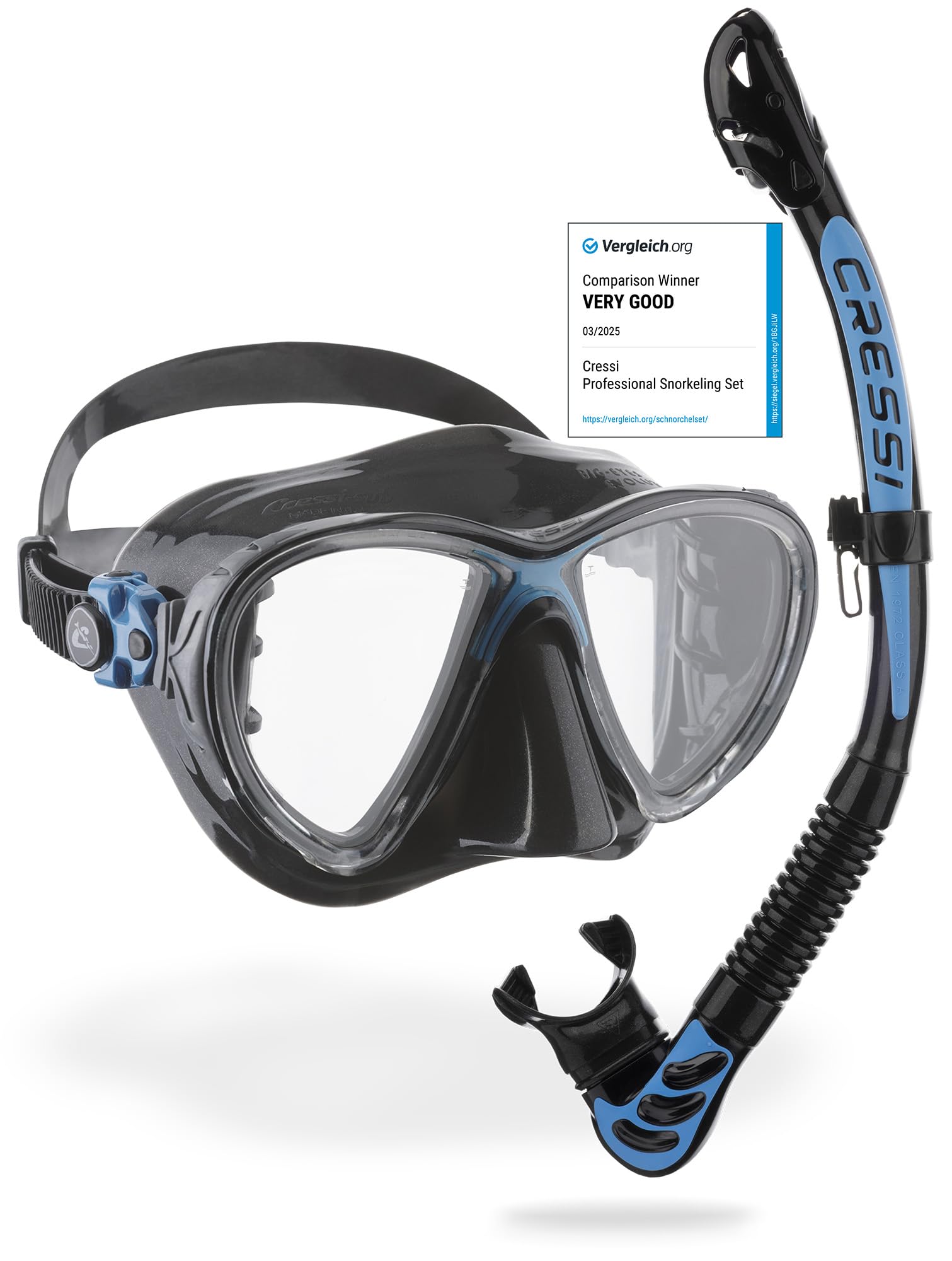 Cressi Big Eyes Evolution Mask & Alpha Ultra Dry Snorkel - Dive Combo Set, One Size, Black/Blue, Adult Unisex