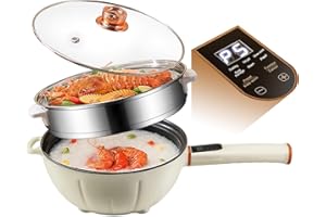 NUNET 4L Smart Hot Pot 1000W Electric w. Stainless Steel Steamer Non-Stick Coating Multi-Power & Timer Control Handle 12" Big Smart Skillet w. Tempered Glass Lid for Rice Soup Pasta Egg Frying