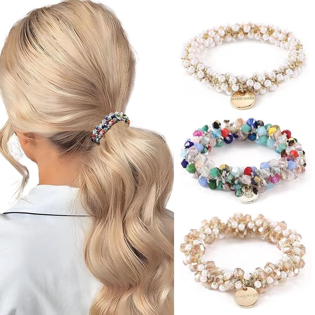 MenYiYDS 3 PCS HAIR ACCESSORIES WITH CRYSTALS, CRYSTAL ELASTIC HAIR ELASTICS, PONYTAIL HAIR BANDS HAIR ACCESSORIES FOR WOMEN AND GIRLS