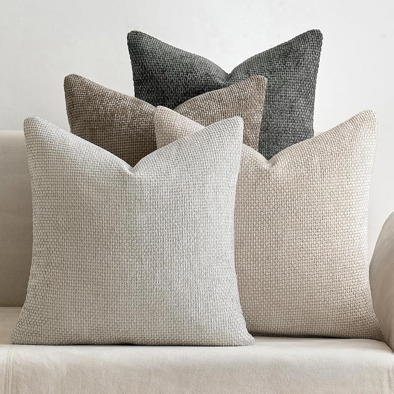 Chenille Throw Pillow Covers with Zipper, Soft Neutral Decorative Cushion Covers for Sofa, Couch, Bedroom, Living Room, Farmhouse Boho Modern Home Decor, Machine Washable（4 pcs）