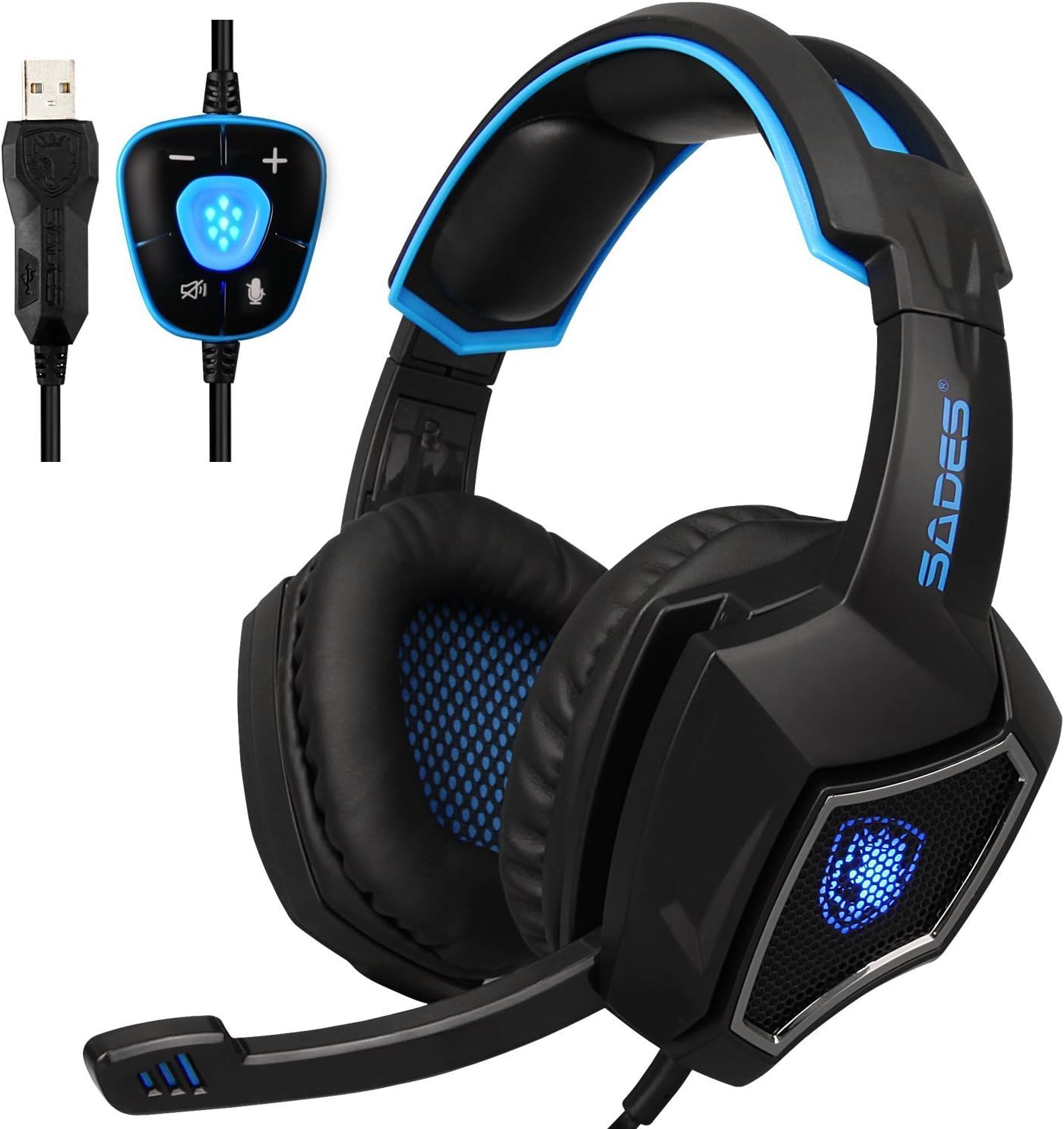 PC Gaming Headset, USB Wired Headphone 7.1 Surround Sound Over-ear Headset with Mic for PC / Mac / Laptop (Black/Blue)