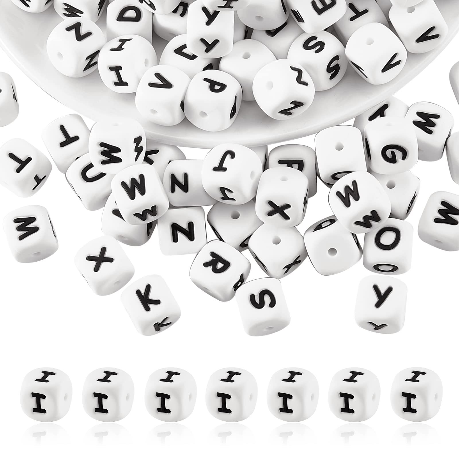 BEEFLYING 20 White Cube Silicone Beads 12mm Square Dice Alphabet Beads Initial Large Hole Loose Spacers for Bracelet Necklace Jewelry Making Decoration (Letter I)