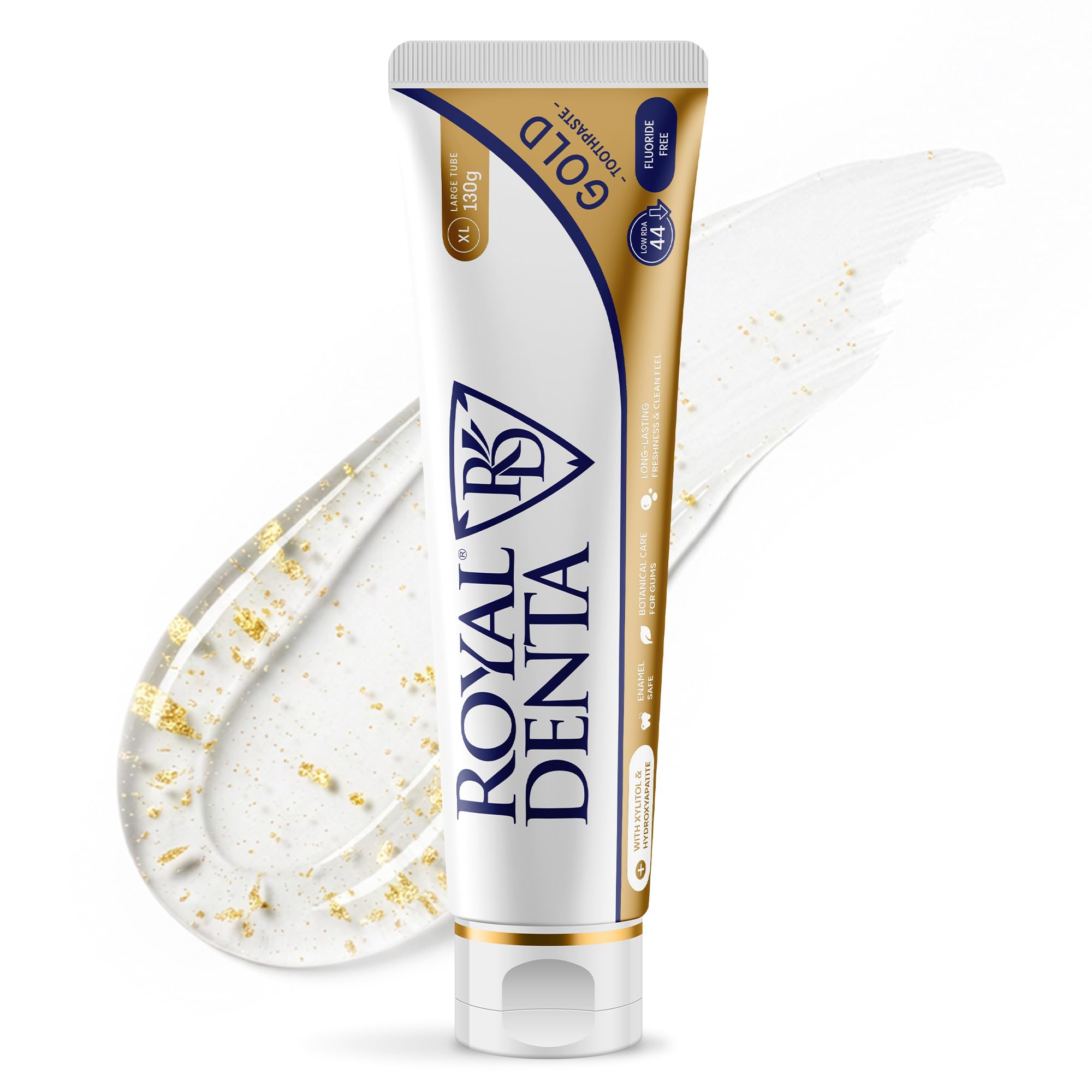 Royal Denta Hydroxyapatite Toothpaste for Enamel Repair & Gum Care 130g, Fluoride Free Toothpaste with Gold Particles & Xylitol, Non Fluoride Tooth Paste for Adults with Sensitive Teeth