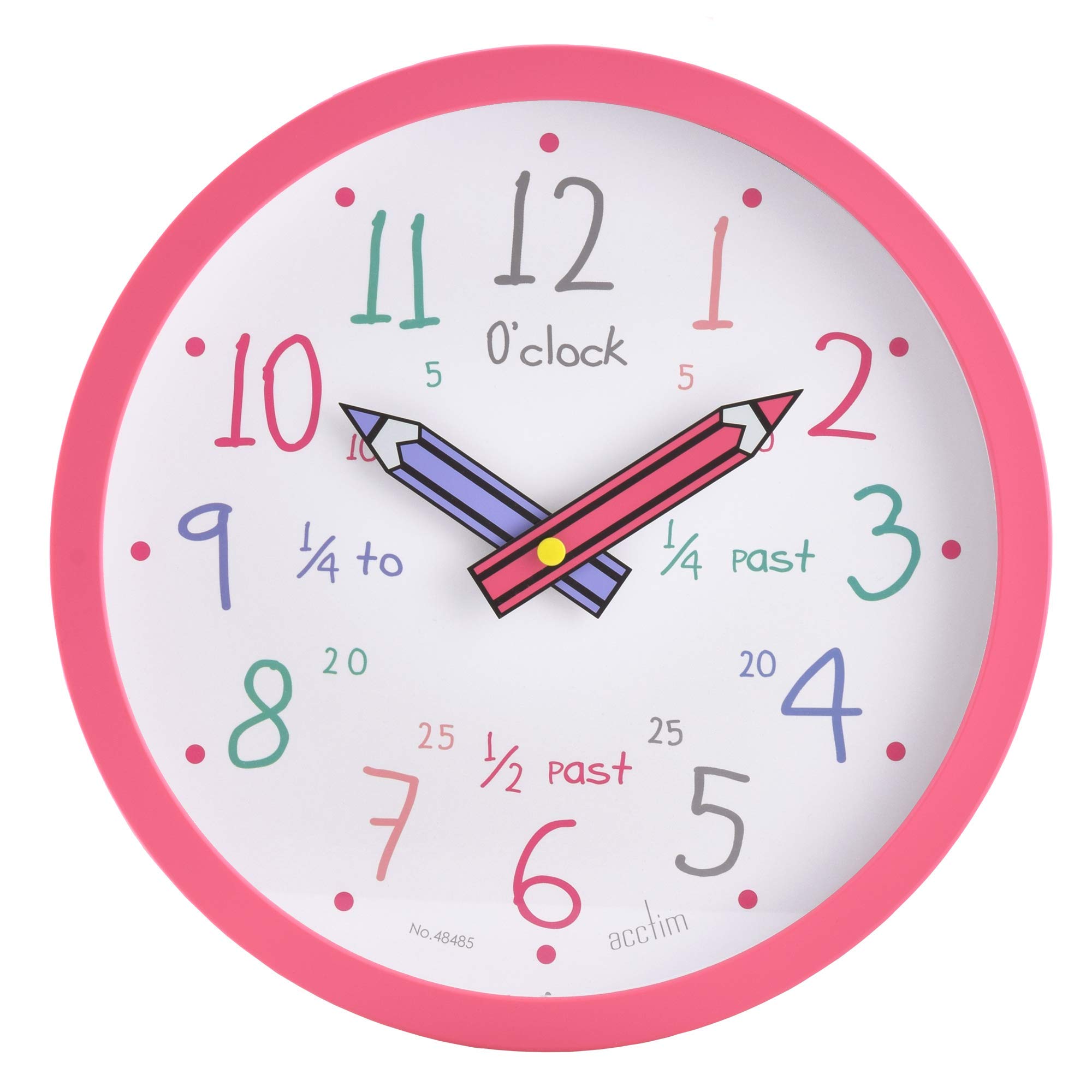 Acctim Alma Teaching Kids Wall Clock Quartz Pencil Hands Quarterly Markers Pink 26cm