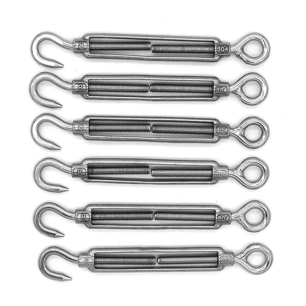 Pack of 6 NUZAMAS M8 Hook & Eye, C to O Fits Turnbuckle, 304 Stainless Steel, Hardware Kit for Wire Rope Tension Heavy Duty, for Sun Shade, Tent Awning Installation, Anti-Rust
