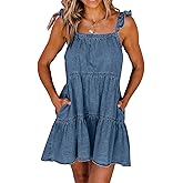 Newffr Womens Summer Denim Dress Square Neck Ruffle Trim Sleeveless Babydoll Flowy Jean Dresses with Pockets