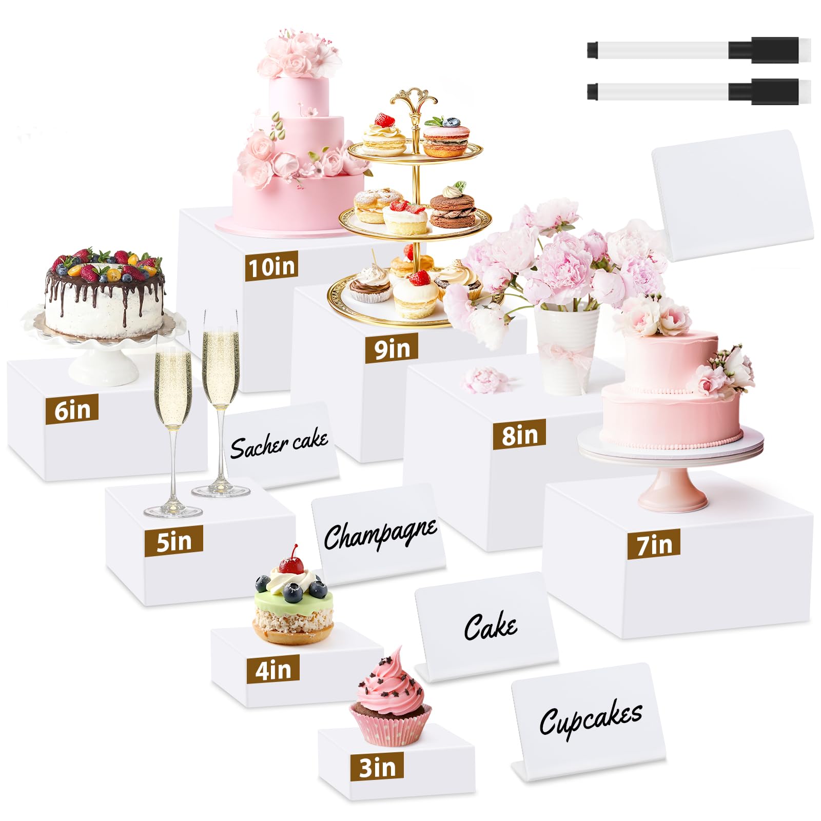 Photo 1 of 8Pcs Buffet Risers, Large Food Risers for Buffet Table, Acrylic Cube Boxes Display Nesting Risers with Hollow Bottoms, Dessert Cake Display Stand Riser Set for Party Jewelry Collectibles White (3",4",5",6",7",8",9",10")