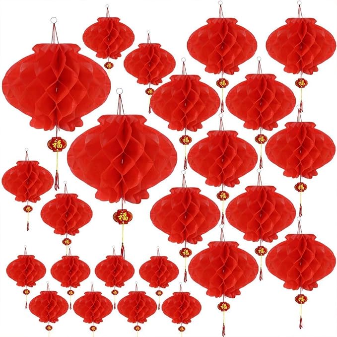 Winlyn 24 Pcs 4 Size Chinese Red Lanterns Decorative