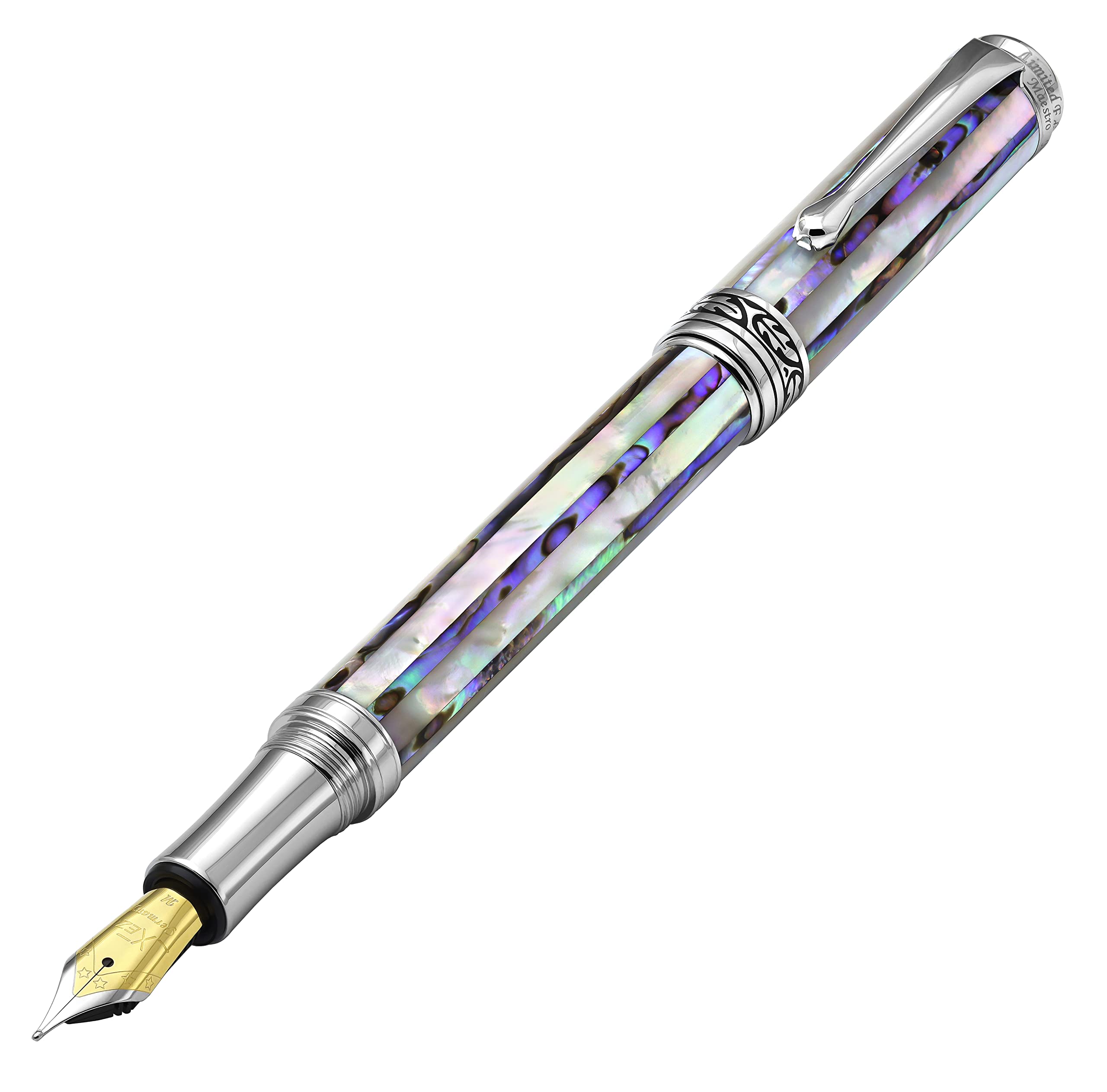 Xezo Maestro Jubilee Fountain Pen, Medium Nib. Oceanic White Mother of Pearl and Iridescent Pāua Abalone Shell. Limited Edition, Only 223 Pieces Made. Handmade, No Two Pens Alike