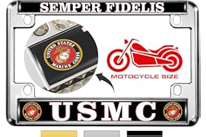 BESTLICENSEPLATEFRAMES [Officially Licensed US Marine Corps Product] - Motorcycle Domed Custom-Made Personalized Metal License Plate Frame Frame with USMC Semper Fidelis Design - Chrome