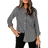 siliteelon Womens Button Down Shirts Cotton Striped Dress Shirt Long Sleeve Collared Office Work Blouses Tops