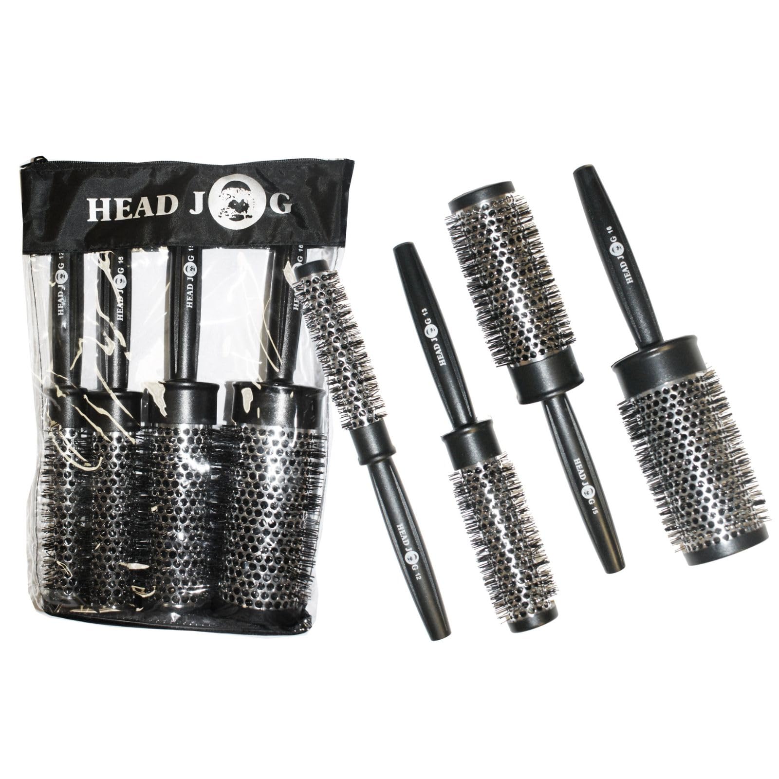 Head Jog Heat Retainer Hair Brush. Black & Silver Styling Round Hairbrush With Metal Barrel For Fast Drying. Round Vent Brush For Styling, Blow Drying, Straightening & Curling. (4 Brush Set) โ image 1