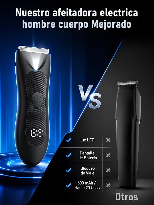 Afeitadora Corporal Masculina: Impermeable Depiladora Corporal Hombre, Seco y Húmedo, Luz LED Recorte Precisión para Axilas, Pecho, Piernas y Genitales, Pantalla Digital Batería, Bloqueo Viaje — foto 7 de 8