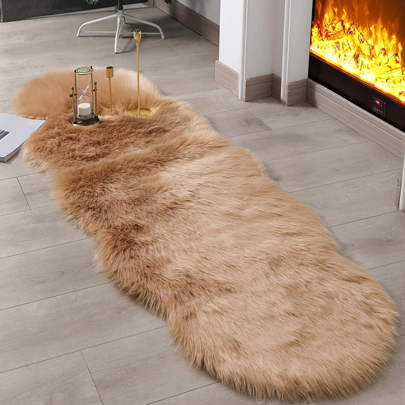 JXLOULAN Soft Fluffy Faux Sheepskin Rugs Light Brown 60x160 cm Faux Fur Area Rugs for Bedrooms Living Room Kids Rooms Décor