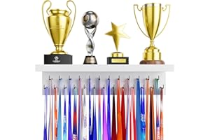DSVENROLY Medal Holder Display Trophy Shelf Organizer, Sturdy Wooden Medal Hanger Rack with 25 Steel Hooks, Wall Mount Awards Race Storage Stand for Sports Fans, Cheer Success, Easy to Install