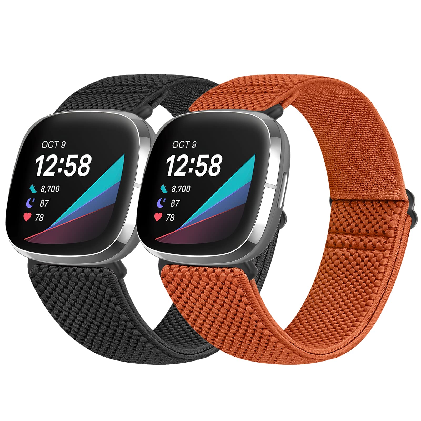 Vodtian Elastic Nylon Loop Straps Compatible with Fitbit Sense 2/Fitbit Sense/Fitbit Versa 4/Fitbit Versa 3 Strap, Adjustable Soft Stretchy Sport Braided Replacement Wristband for Men Women, 2 Pack