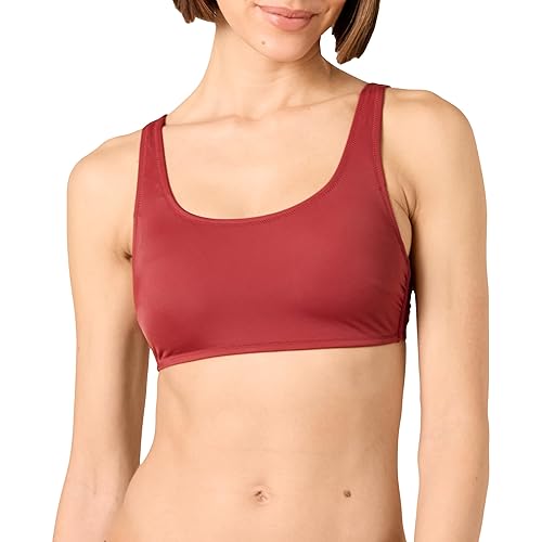 Amazon Essentials Women's Scoop Neck Swim Crop Top, Brick Red, Small