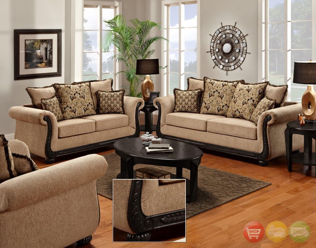 Delray Traditional Sofa & Love Seat Living Room Furniture Set Taupe Chenille NEW