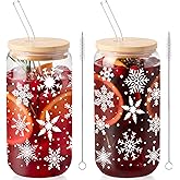 Sliner 2 Pcs Snowflake Glass Cups Christmas Winter Tumbler with Lid Straw Drinking Glasses 16 oz Iced Coffee Cup with Cleaning Brush Beer Can Tumbler Cute Holiday Gifts for Home Office Decorations