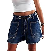 Cicy Bell Women Drawstring Mid Waist Denim Shorts Summer Casual Wide Leg Jorts Boyfriend Baggy Jeans Short Pants with Pockets