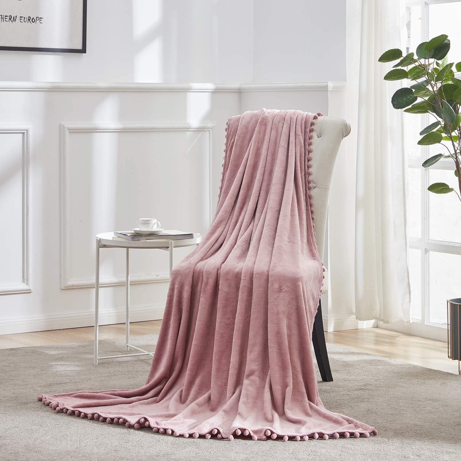 BEAUTEX Fleece Throw Blanket with Pompom Fringe, Dustypink Flannel Blankets and Throws for Couch, Super Soft Cozy Lightweight Plush Throw Blanket (50" x 60"): Home & Kitchen