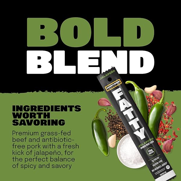FATTY MEAT STICKS, MADE WITH GRASS FED BEEF, PORK RAISED WITHOUT ANTIBIOTICS, 13G PROTEIN PER STICK, JALAPENO, 2 OZ.