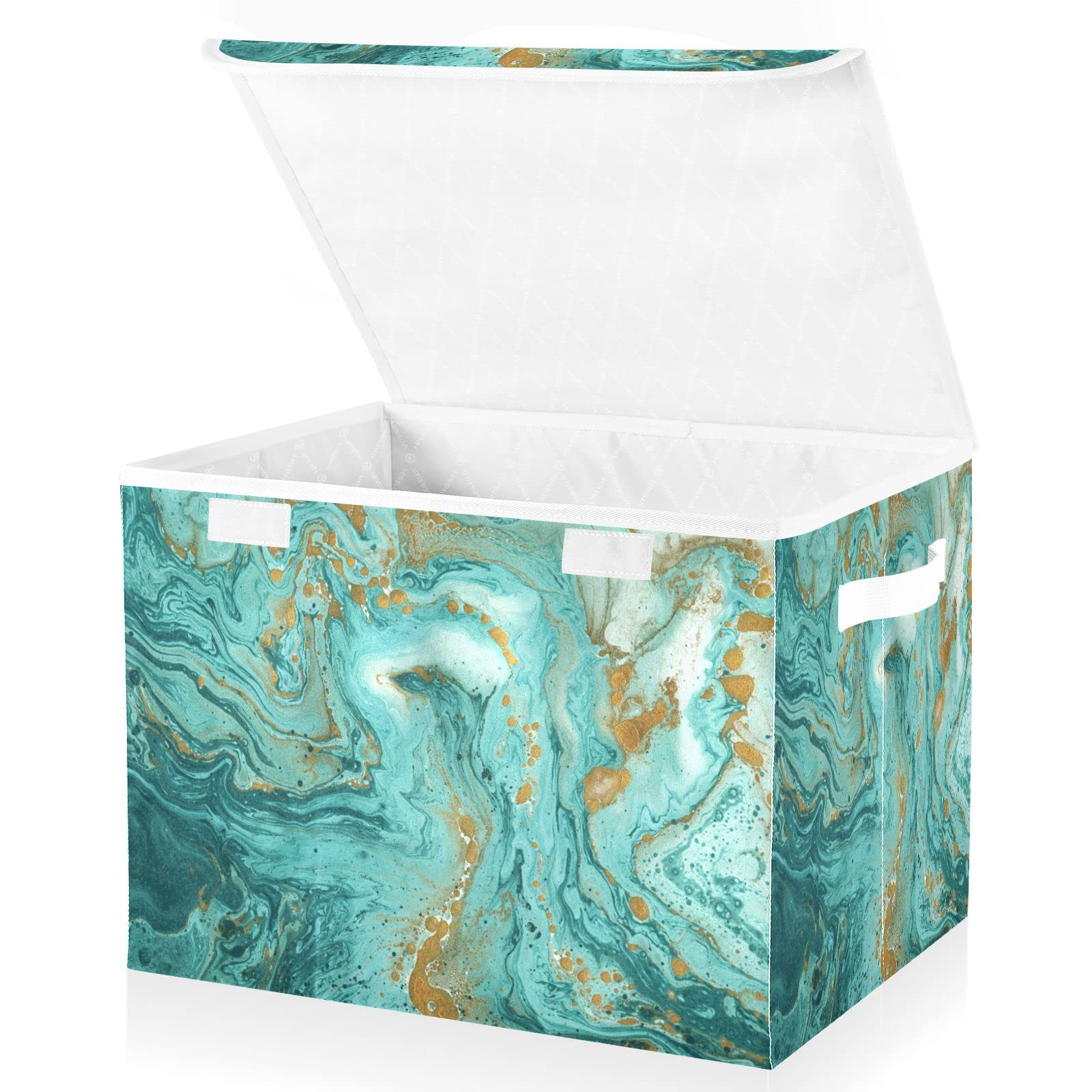 Mnsruu Storage Boxes with Lids, Abstract Golden Turquoise Marble Texture Large Storage Basket Organizer Shelves Cube Bin Toy Clothes Underbed