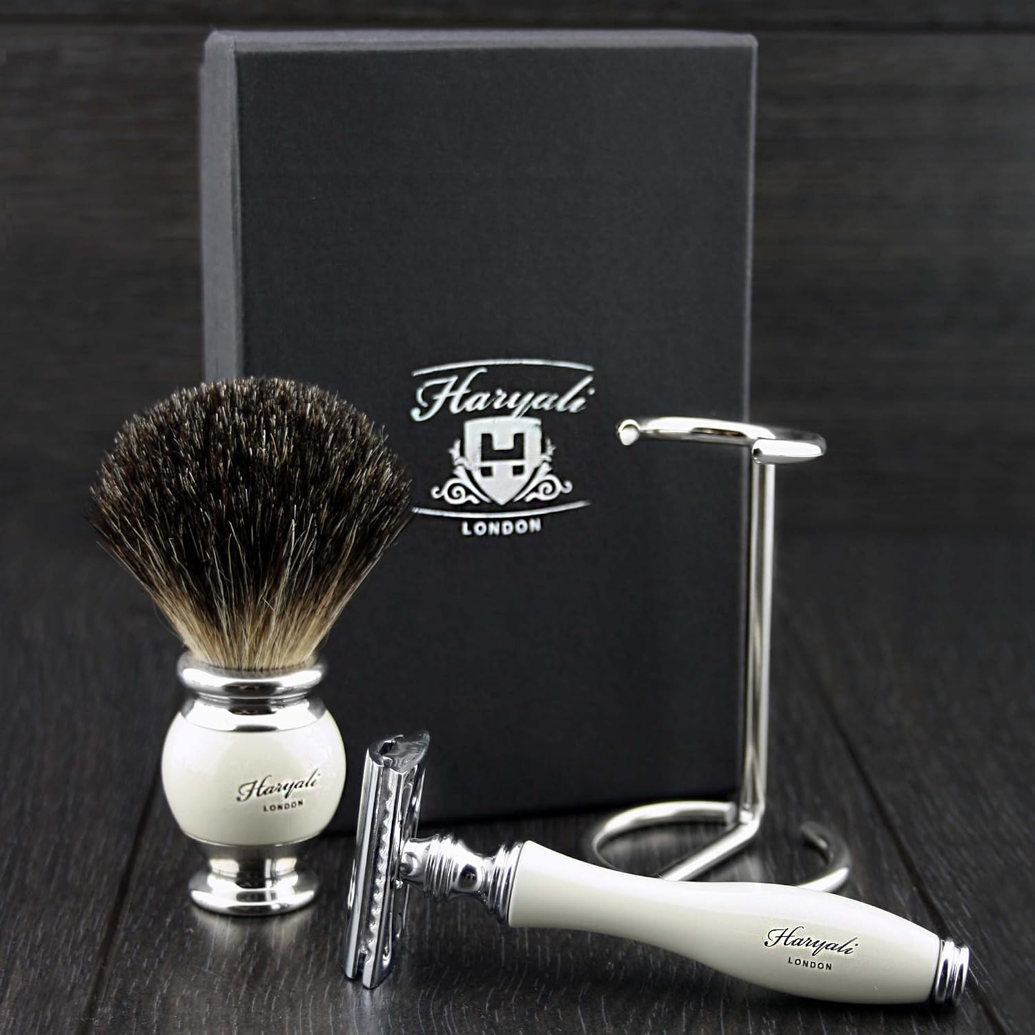 Ivory Colour Men’s 3 Pieces Shaving Kit with Black Badger Hair, De ...
