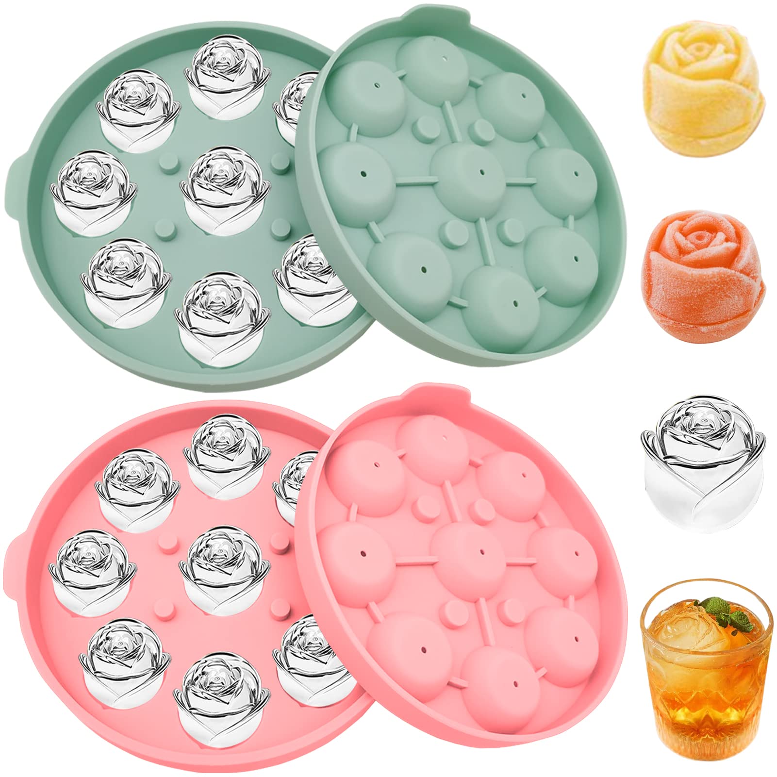 Photo 1 of 2 Pcs Rose Ice Mold, Silicone Ice Cube Tray Rose Ice Molds for Cocktails Mimosas Whiskey Flower Ice Cube Trays for Freezer