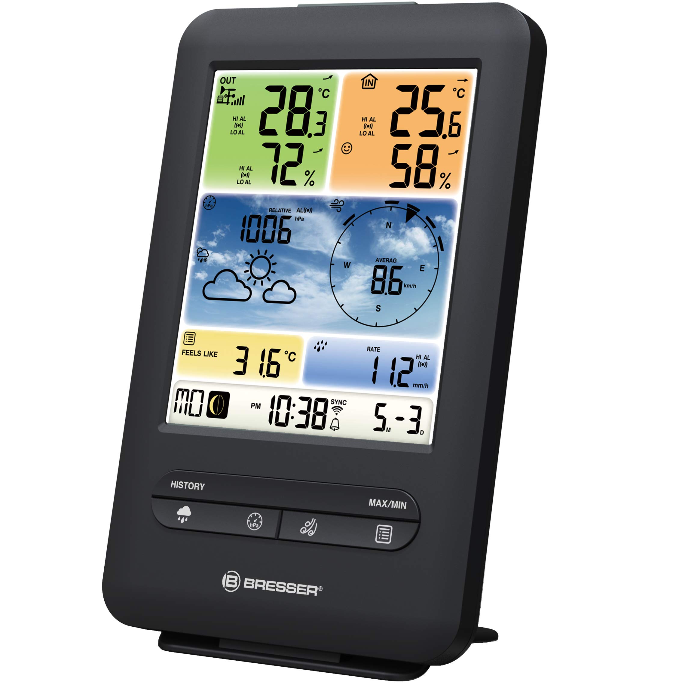 Bresser Wetterstation Funk mit Außensensor WLAN Farb-Wetter Center 5-in-1 mit Außensensor für Temperatur, Luftfeuchtigkeit, Luftdruck, Windmesser und Regenmesser, Schwarz 4