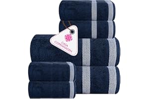 CASA COPENHAGEN Solitaire Designed in Denmark 600 GSM 2 Bath Towels 2 Hand Towels 2 Washcloths, Super Soft Egyptian Cotton 6 Towels Set for Bathroom, Kitchen & Shower - Navy Blue