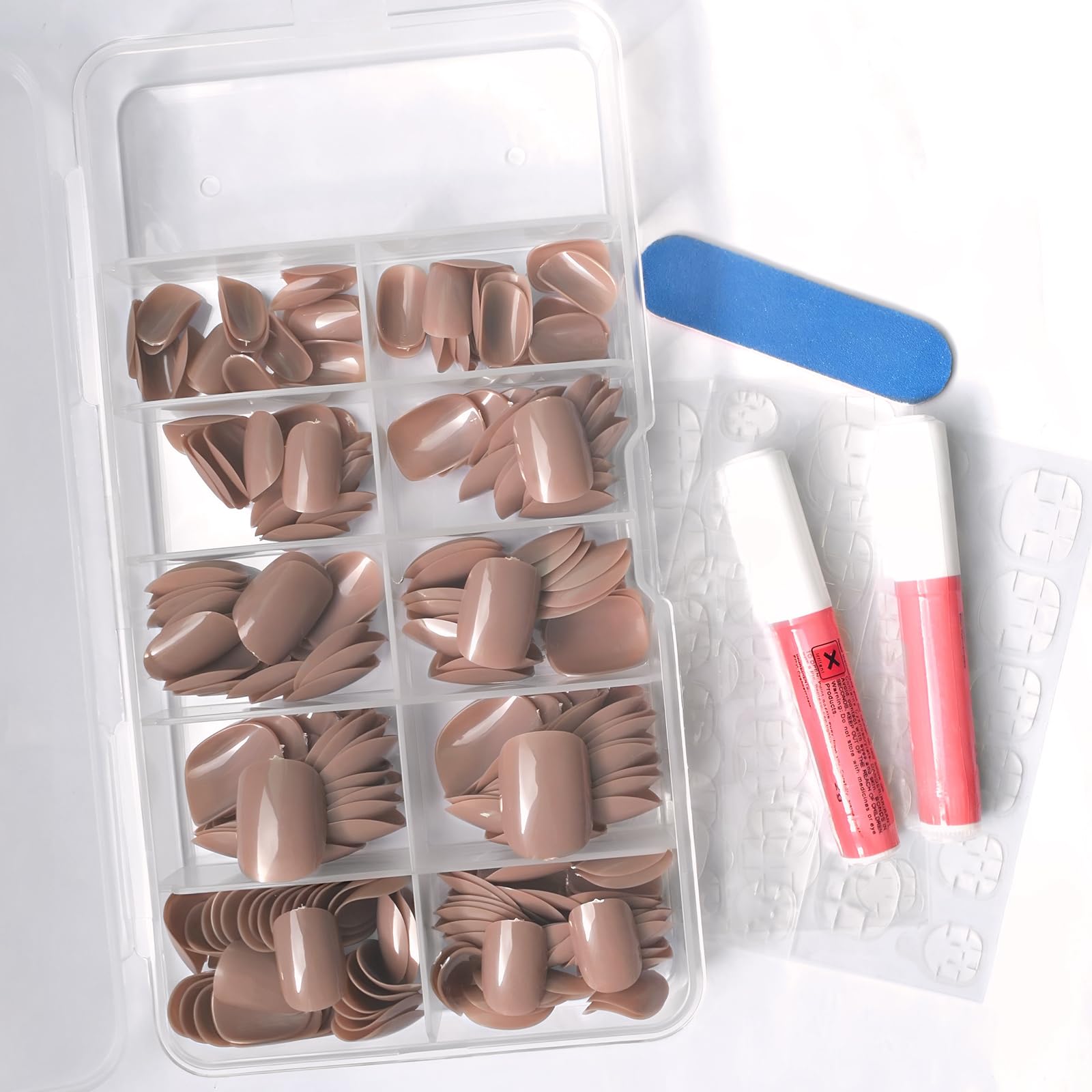 AddFavor 240pcs Press on Nails Short Square Fake Nails Glossy Full Cover Acrylic Artificial Glue on Nails Kit for Women and Girls, Brown Nails - Image 4