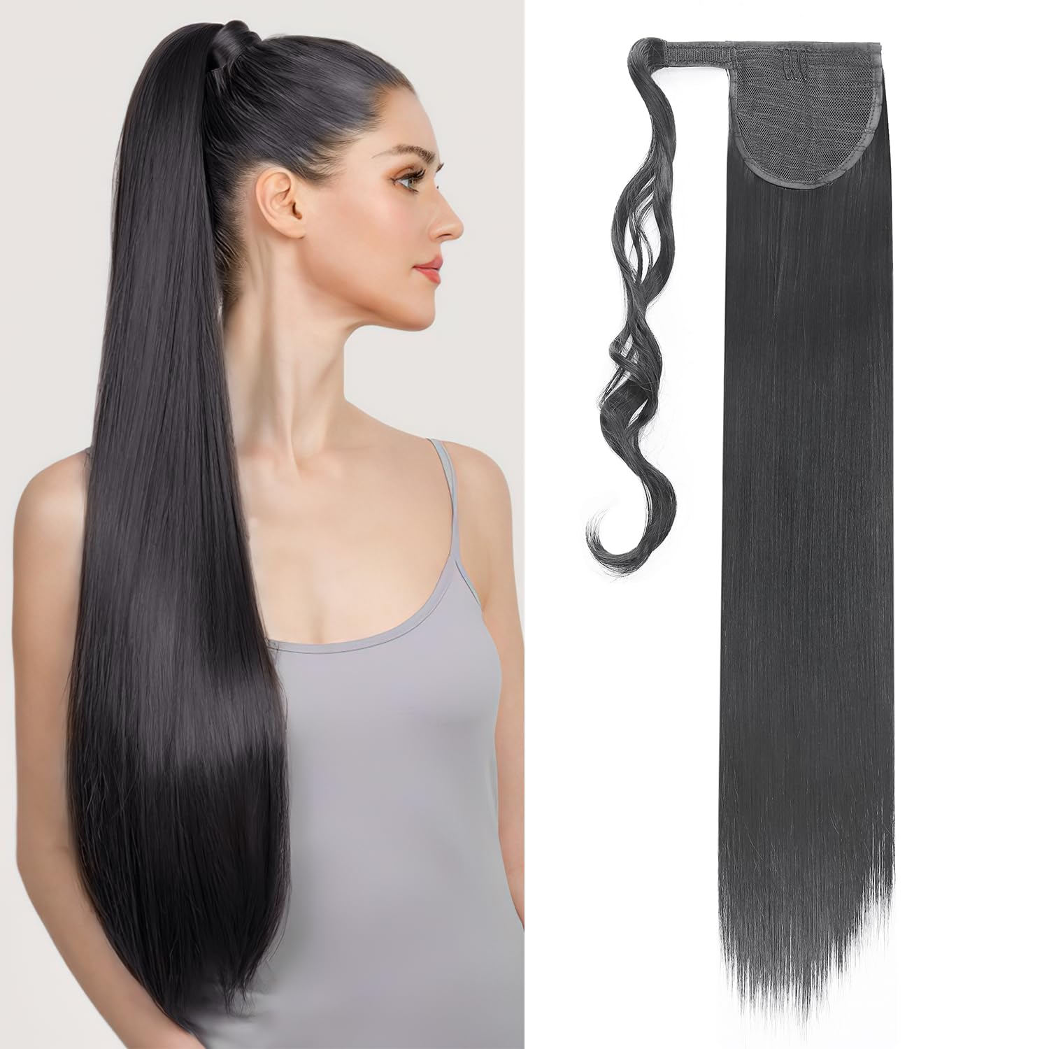 S-noilite® Trendy 26"(66cm) Straight Wrap around Ponytail Clip in Hair Extension Strap Pony Tail Long Popluar Style Dark Black