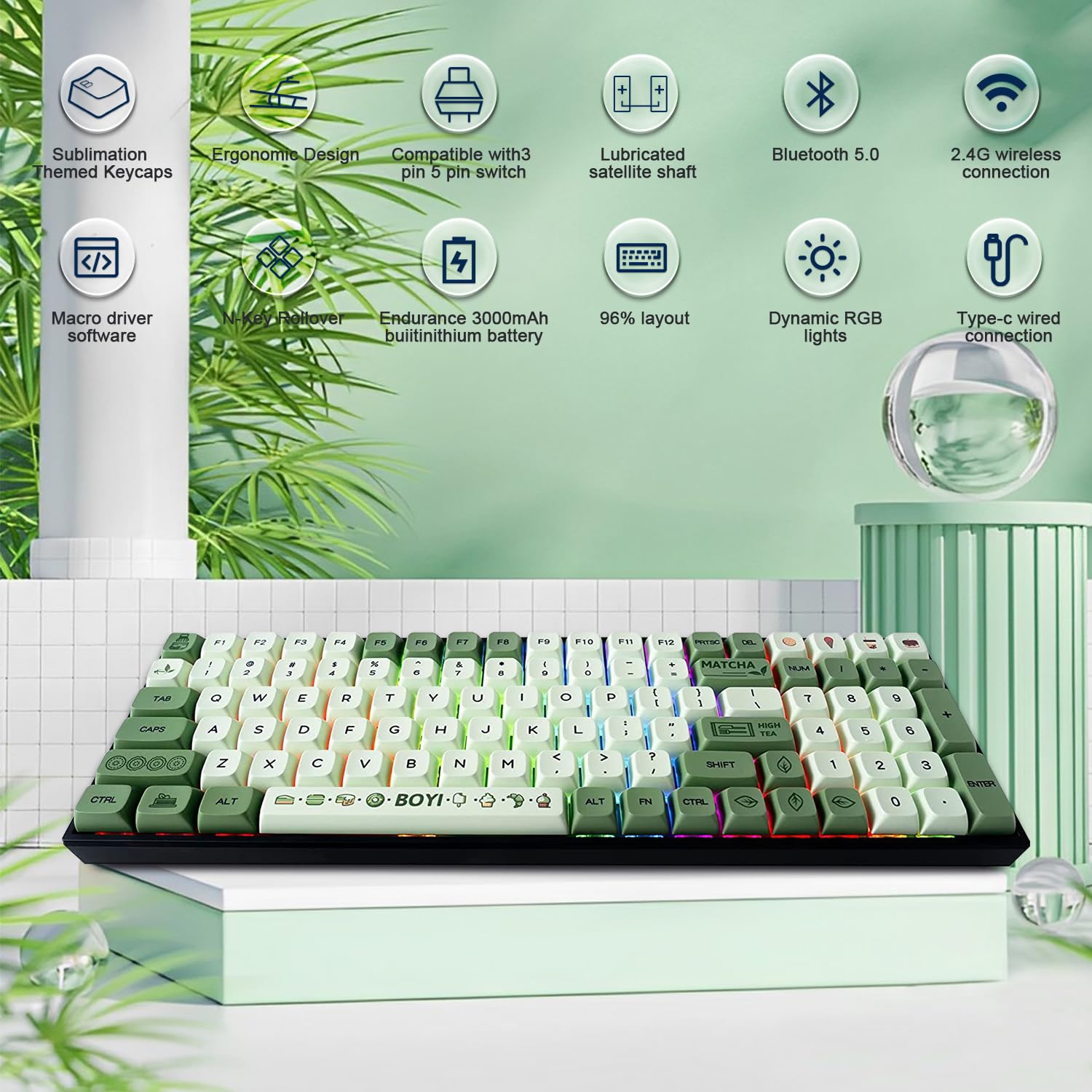 BOYI TK96 RGB Mechanical Keyboard,Wireless BT5.0/2.4Ghz/Type-c Wired Hot Swap Gateron Yellow Switch,100 Keys N-Key Rollover Matcha Green XDA PBT Keycaps for Working&Gaming
