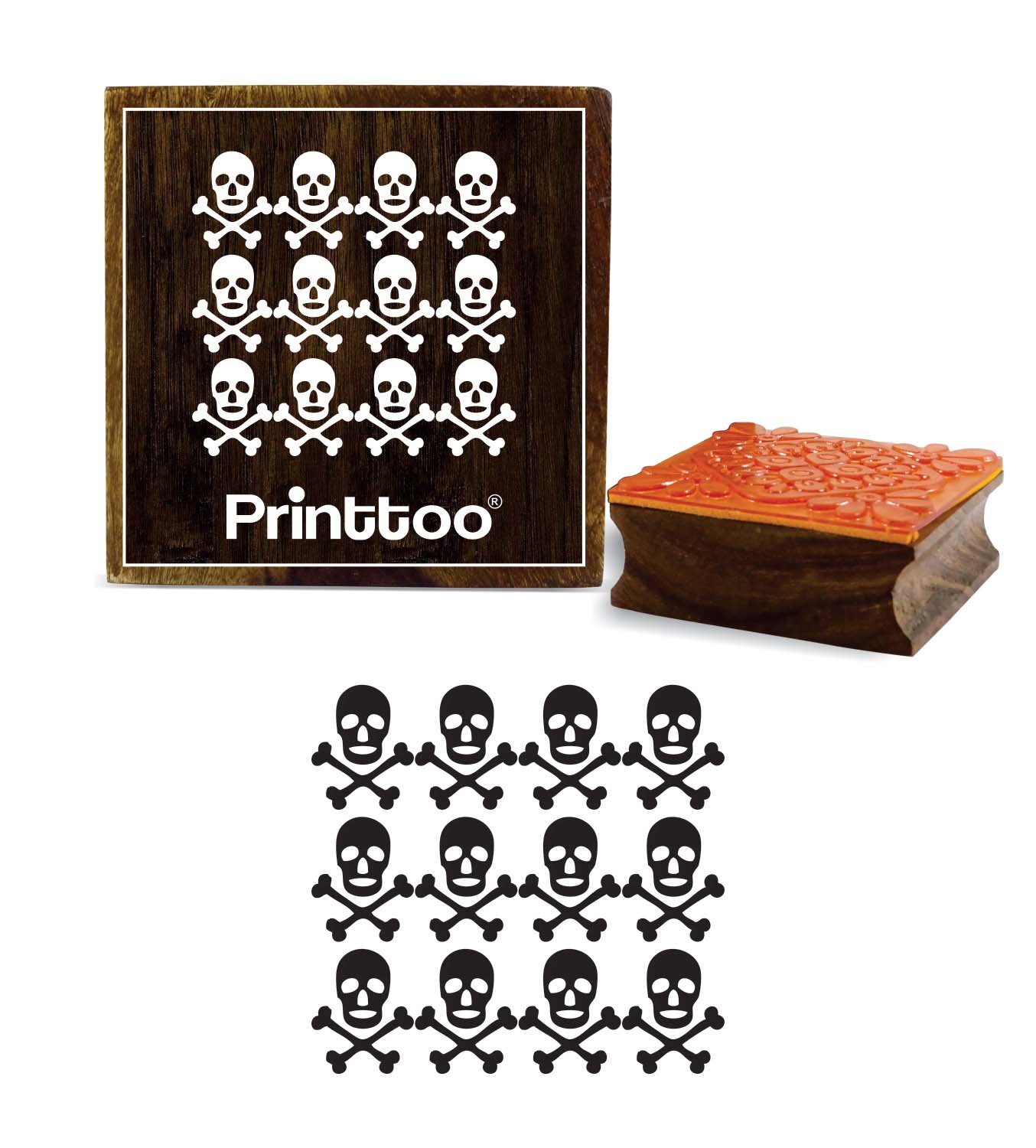 Printtoo Craft Textile Halloween Skull Crossbones Square Wooden Rubber Stamp-2 Inches