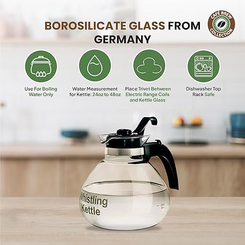 Borosilicate Glass Stove Top Whistling Tea Kettle 12 Cup/48oz