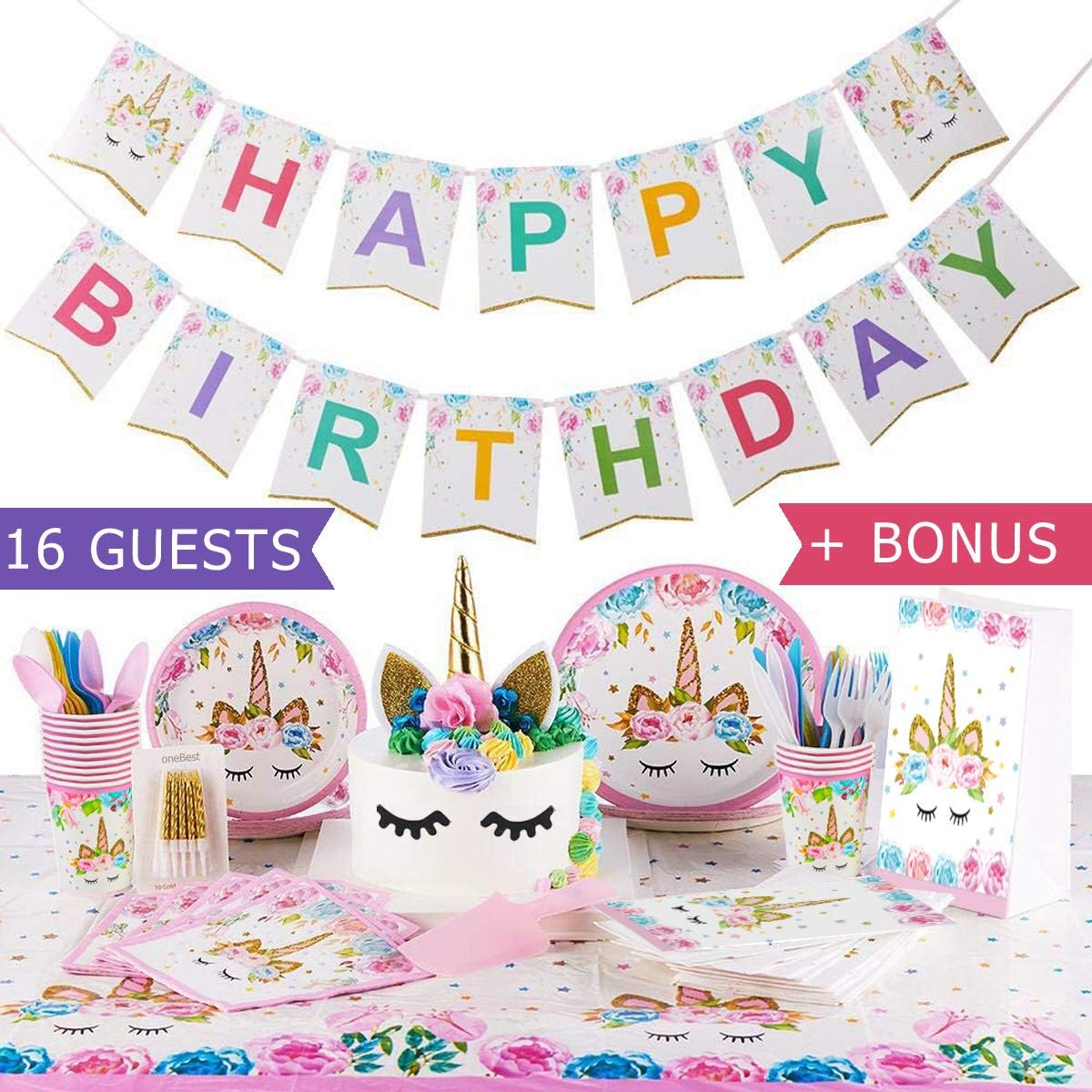 Unicorn Party Supplies Unicorn Party Decorations: Plates Cups Napkins Flatware Happy Birthday Banner Tablecloth Cake Topper Candles Paper Goodie Bags, 16 serves