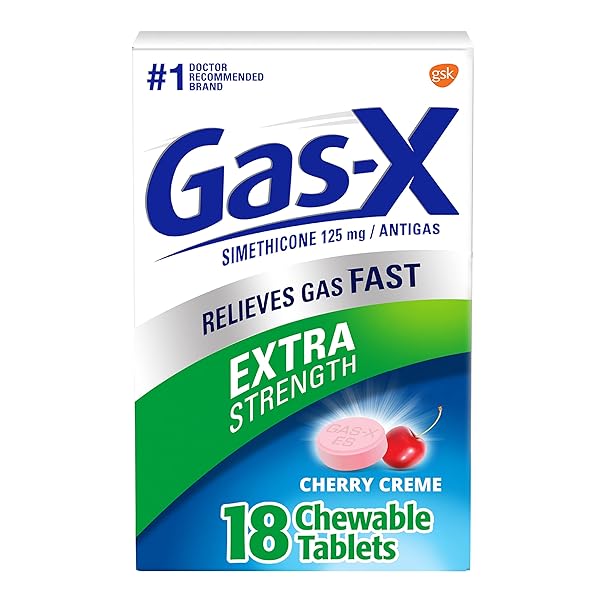 GAS-X EXTRA STRENGTH CHEWABLE GAS RELIEF TABLETS WITH SIMETHICONE 125 MG, CHERRY – 18 COUNT