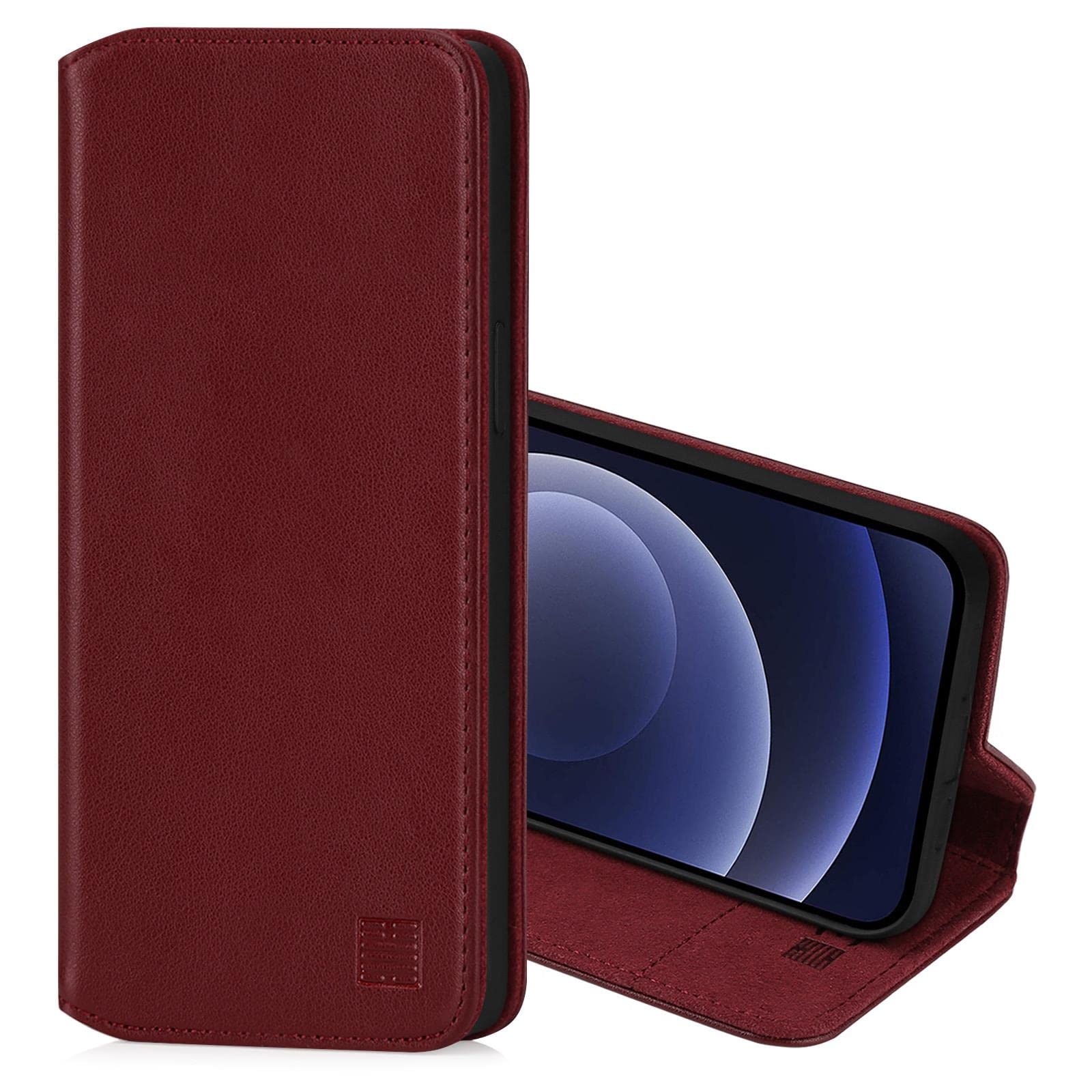32nd Classic Series 2.0 - Real Leather Book Wallet Flip Case Cover For Apple iPhone 12 (6.1") / iPhone 12 Pro (6.1"), With Card Slot, Magnetic Closure and Built In Stand - Burgundy