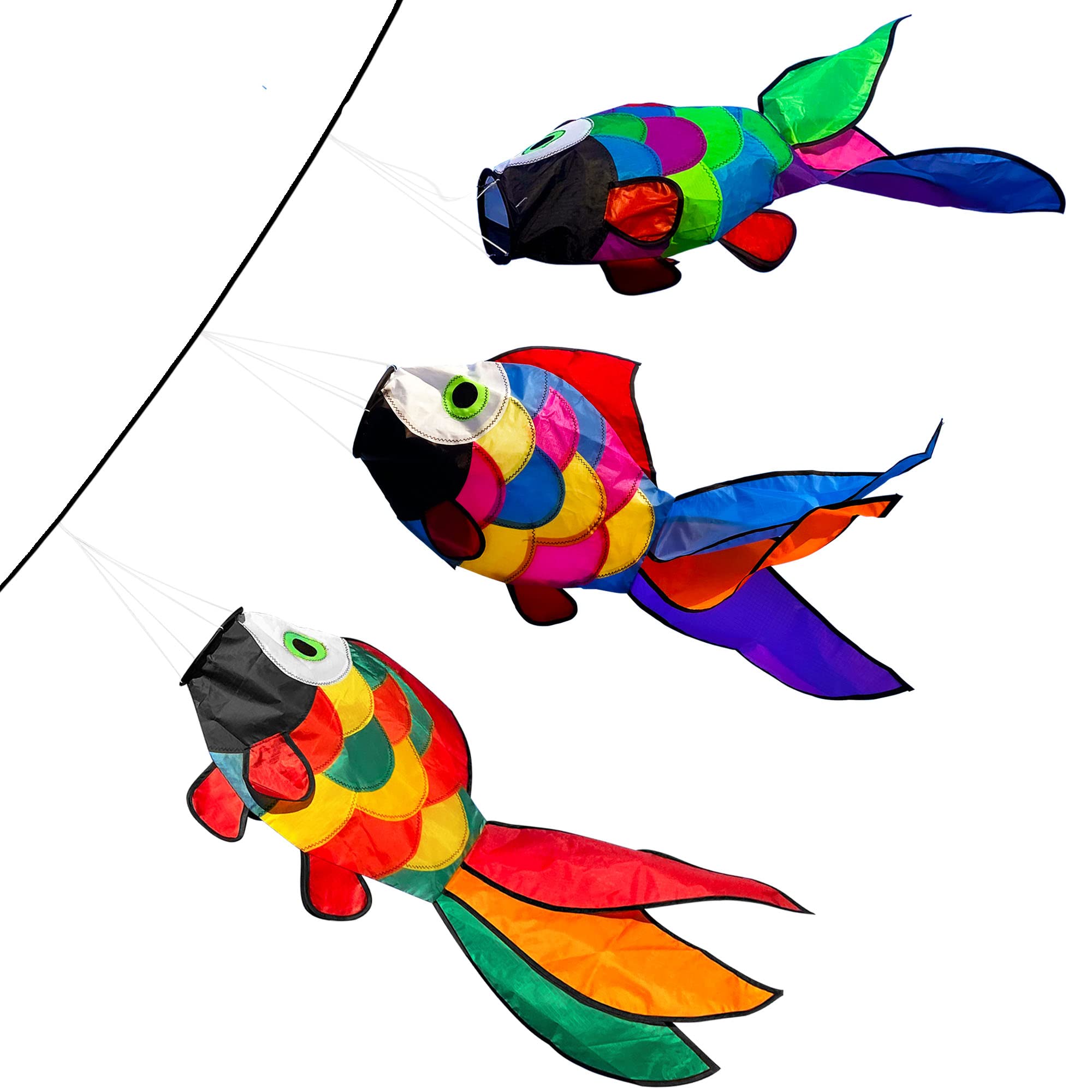 emma kites Cute Rainbow Fish Windsock Rainbow Spiral 32inch for Backyard Garden Patio Decoration Beach Wind Game Mark Flyer with Snap Swivel, Pack of 3