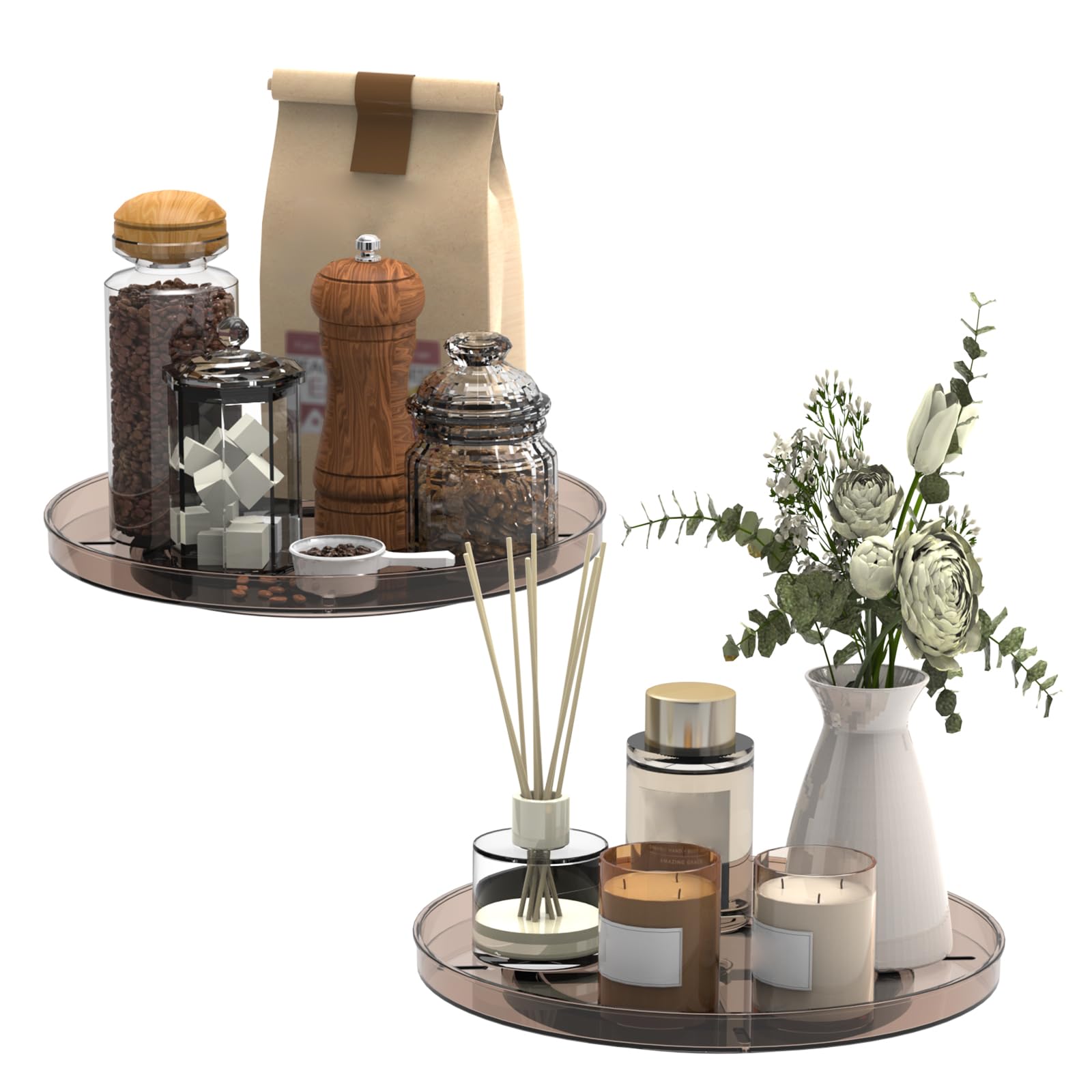 Photo 1 of 2 Pack Decorative Trays, Brown Round Rotating Organizer Tray for Table Top, Cabinet, 9 Inch Turntable Non-Skid Fridge Lazy Susan, Kitchen Storage for Coffee Table Counter Vanity Bathroom