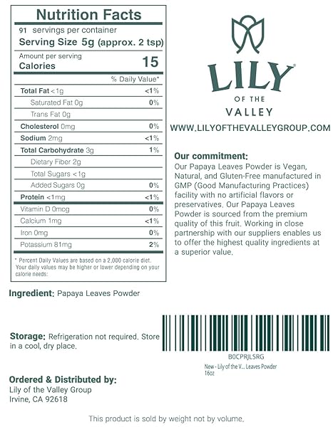 LILY OF THE VALLEY GREEN PAPAYA POWDER – NATURALLY RICH IN PAPAYA ENZYM – PAPAYA EXTRACTS FOR SMOOTHIES & SHAKES – VEGAN & GLUTEN-FREE – PACKED IN RESEALABLE POUCH (16OZ, 453G)